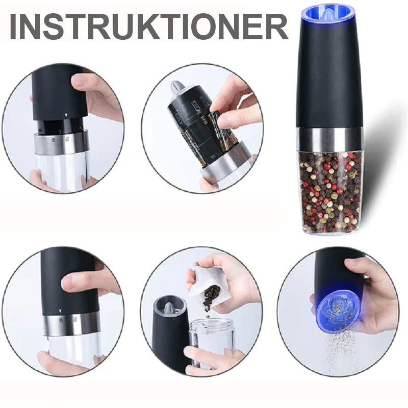 "Svart-silver elektrisk salt- och pepparkvarn med gravitationsinduktion, hållbar design i rostfritt stål och glas."