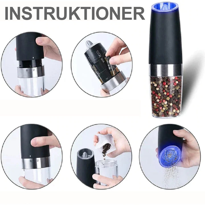 "Svart-silver elektrisk salt- och pepparkvarn med gravitationsinduktion, hållbar design i rostfritt stål och glas."