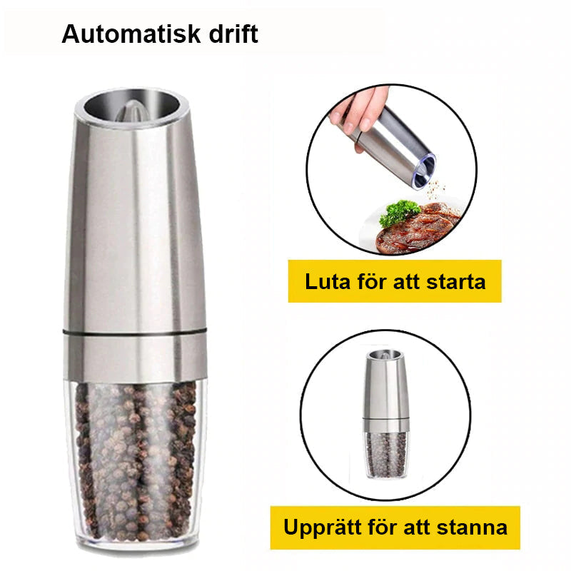 "Svart-silver elektrisk salt- och pepparkvarn med gravitationsinduktion, hållbar design i rostfritt stål och glas."