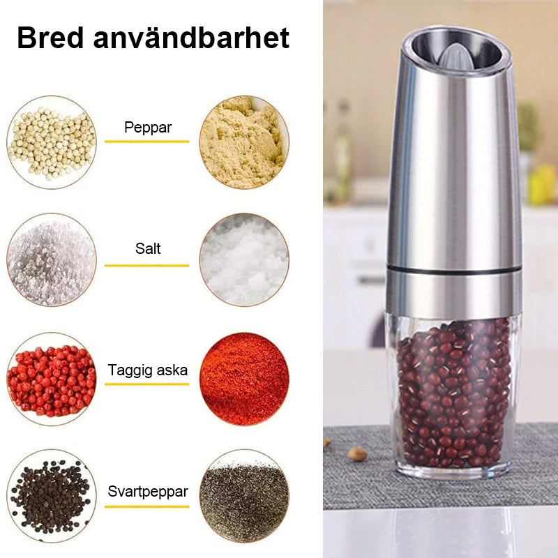 "Svart-silver elektrisk salt- och pepparkvarn med gravitationsinduktion, hållbar design i rostfritt stål och glas."