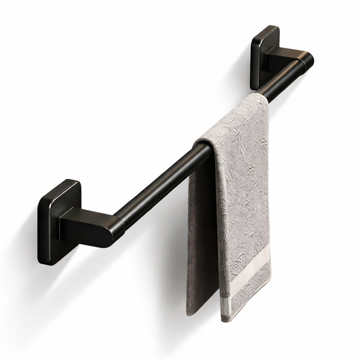 Svart självhäftande handdukshållare i aluminium. Modern design för badrum och kök, enkel montering.