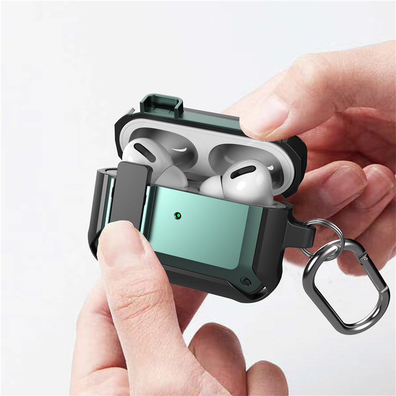 "Svart skyddande AirPods-fodral med säkerhetslås och karbinhake, silikon-PC-TPU material, stötskydd och repfritt."
