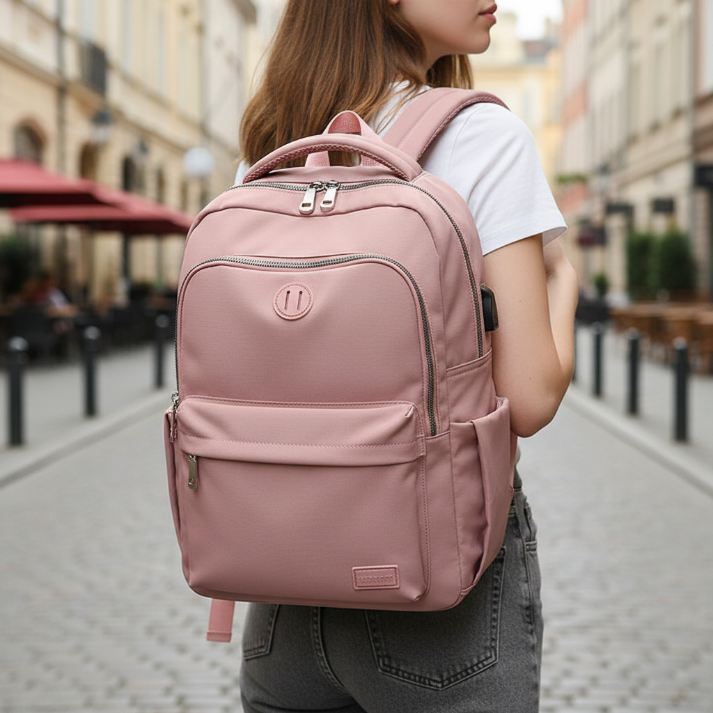 Svart smart ryggsäck med USB-laddning och stöldskydd, perfekt för pendling och skola.