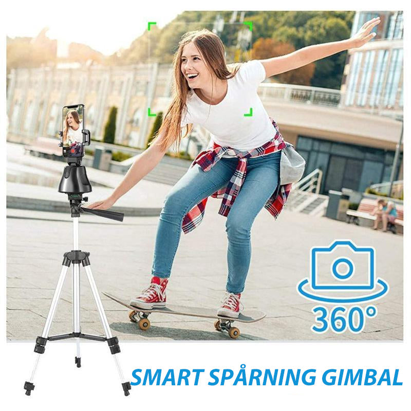 "Svart smart spårningskamera med 360° rotation, telefonfäste för smartphones, perfekt för videografi och ansiktsspårning."