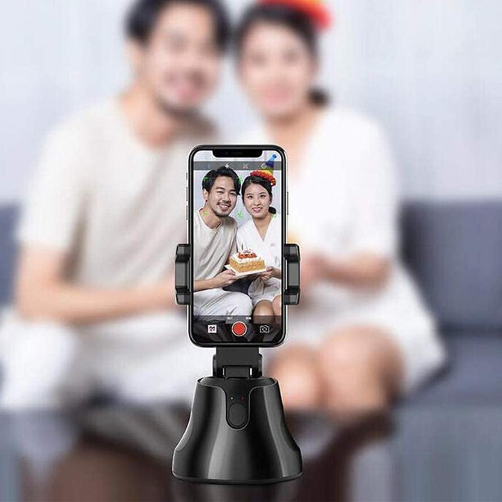 "Svart smart spårningskamera med 360° rotation, telefonfäste för smartphones, perfekt för videografi och ansiktsspårning."