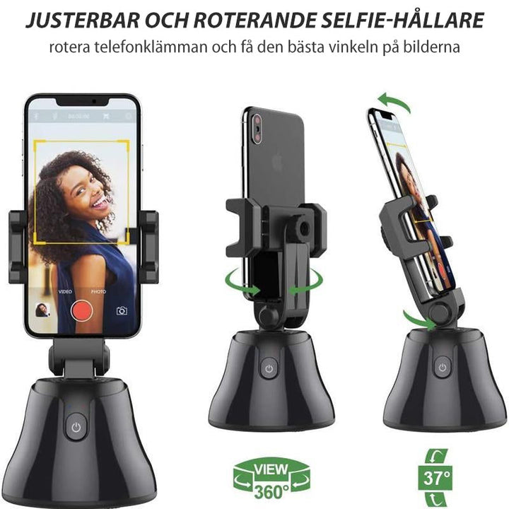 "Svart smart spårningskamera med 360° rotation, telefonfäste för smartphones, perfekt för videografi och ansiktsspårning."