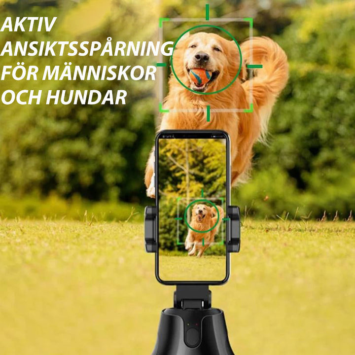 "Svart smart spårningskamera med 360° rotation, telefonfäste för smartphones, perfekt för videografi och ansiktsspårning."