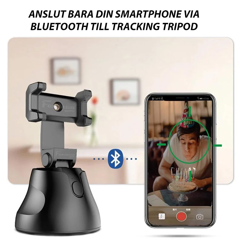 "Svart smart spårningskamera med 360° rotation, telefonfäste för smartphones, perfekt för videografi och ansiktsspårning."