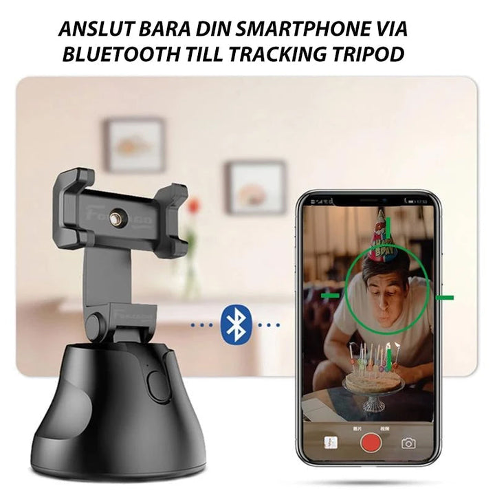 "Svart smart spårningskamera med 360° rotation, telefonfäste för smartphones, perfekt för videografi och ansiktsspårning."