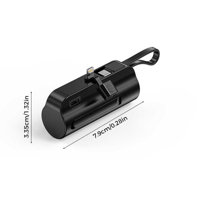 "Svart snabbladdande mini powerbank med 2-i-1 kabel, kompatibel med Android och Apple, kompakt design."