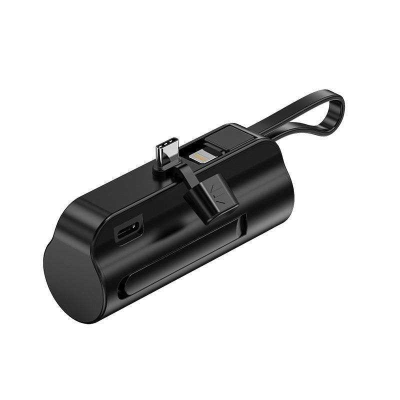 "Svart snabbladdande mini powerbank med 2-i-1 kabel, kompatibel med Android och Apple, kompakt design."
