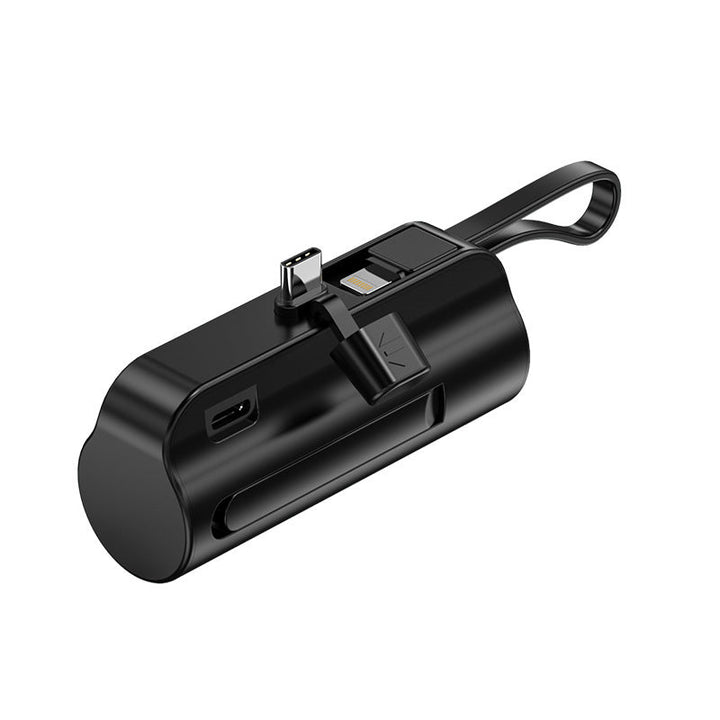 "Svart snabbladdande mini powerbank med 2-i-1 kabel, kompatibel med Android och Apple, kompakt design."