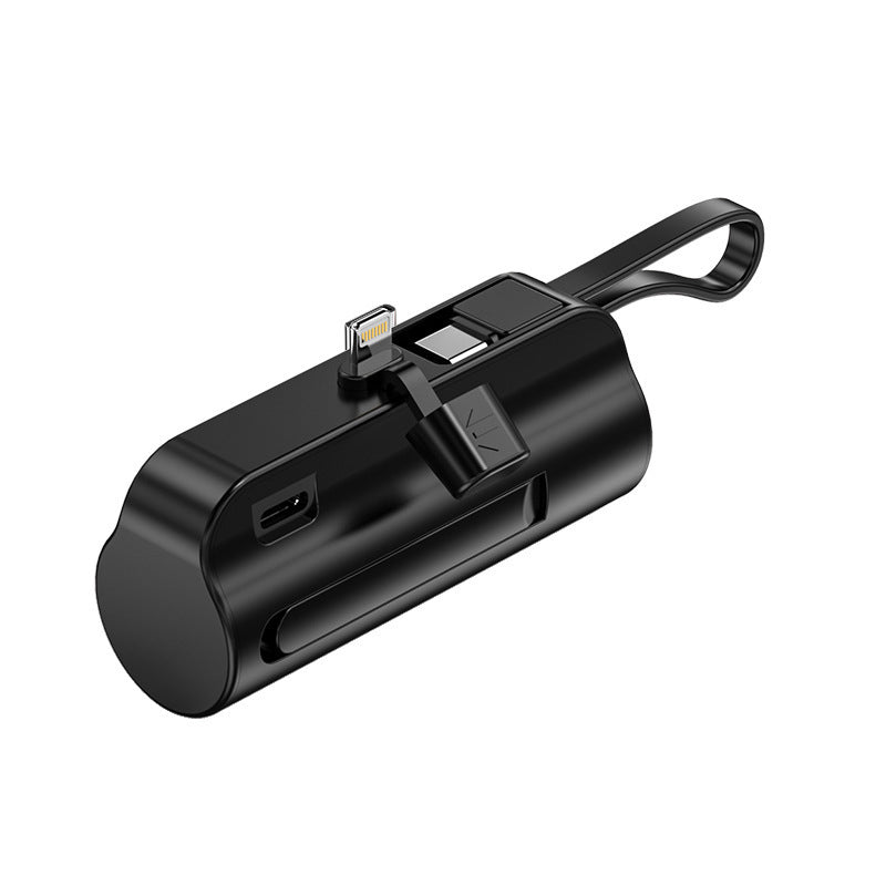 "Svart snabbladdande mini powerbank med 2-i-1 kabel, kompatibel med Android och Apple, kompakt design."