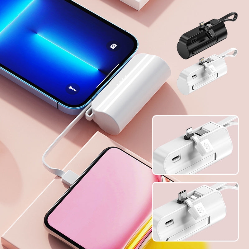 "Svart snabbladdande mini powerbank med 2-i-1 kabel, kompatibel med Android och Apple, kompakt design."