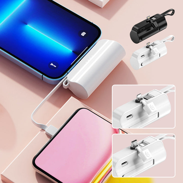 "Svart snabbladdande mini powerbank med 2-i-1 kabel, kompatibel med Android och Apple, kompakt design."