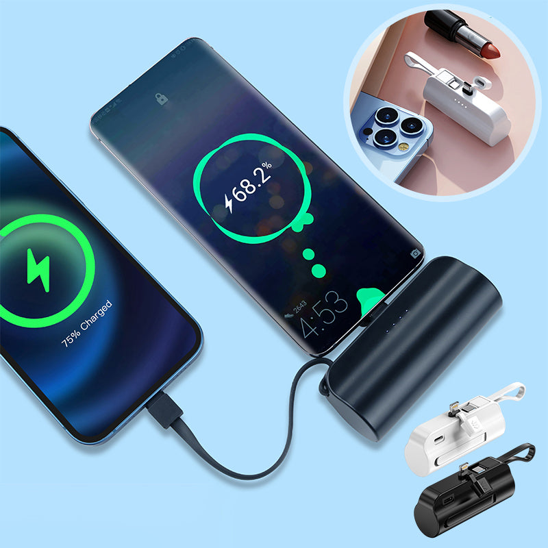 "Svart snabbladdande mini powerbank med 2-i-1 kabel, kompatibel med Android och Apple, kompakt design."