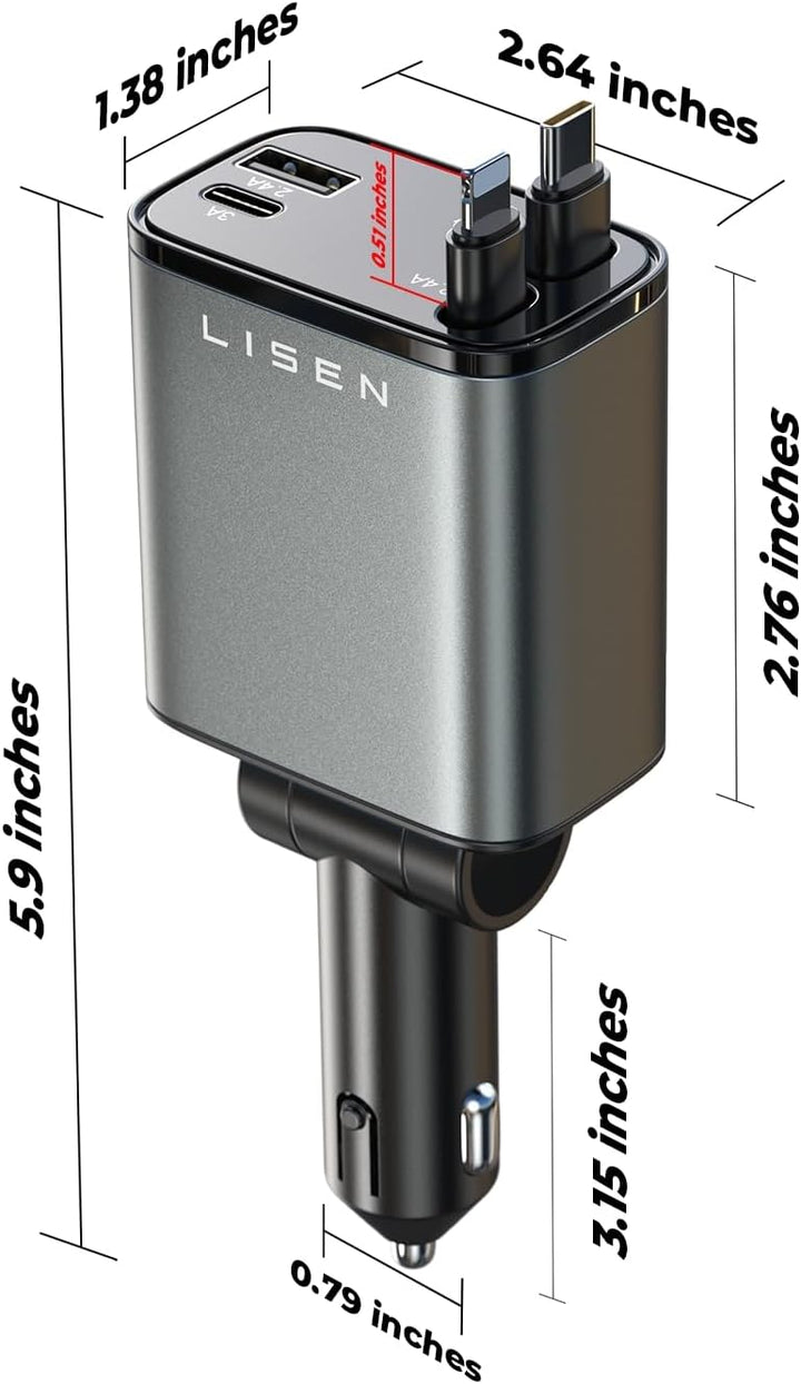 Få fullt batteri snabbt med denna USB-snabbladdare för bil, komplett med indragbar kabel.