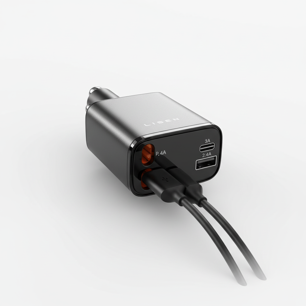 Bild på snabbladdare med utdragen indragbar USB-kabel, ansluten till bilens 12V-uttag.