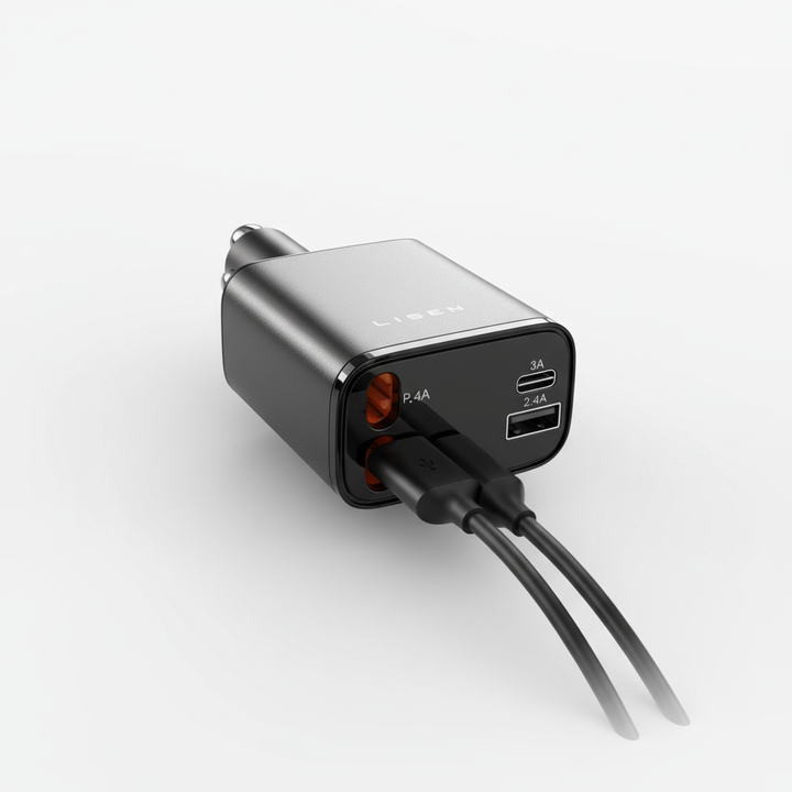 Bild på snabbladdare med utdragen indragbar USB-kabel, ansluten till bilens 12V-uttag.