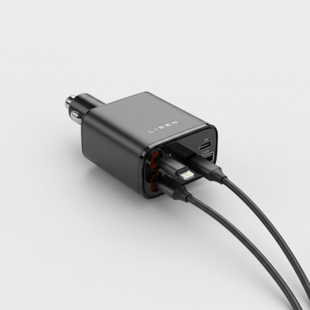 Detaljbild av indragbar USB-kabel från en snabbladdare, visar dess trasselfria design.