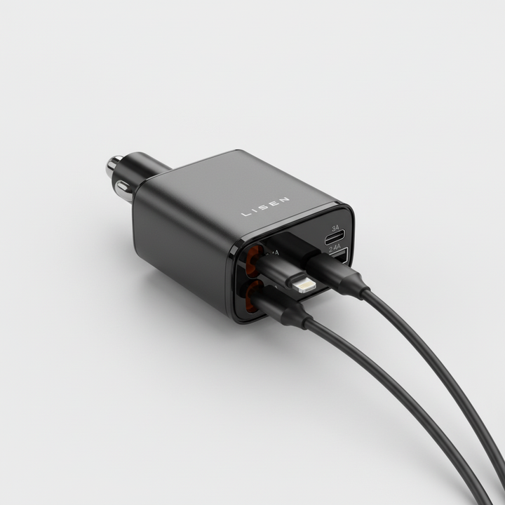 Detaljbild av indragbar USB-kabel från en snabbladdare, visar dess trasselfria design.