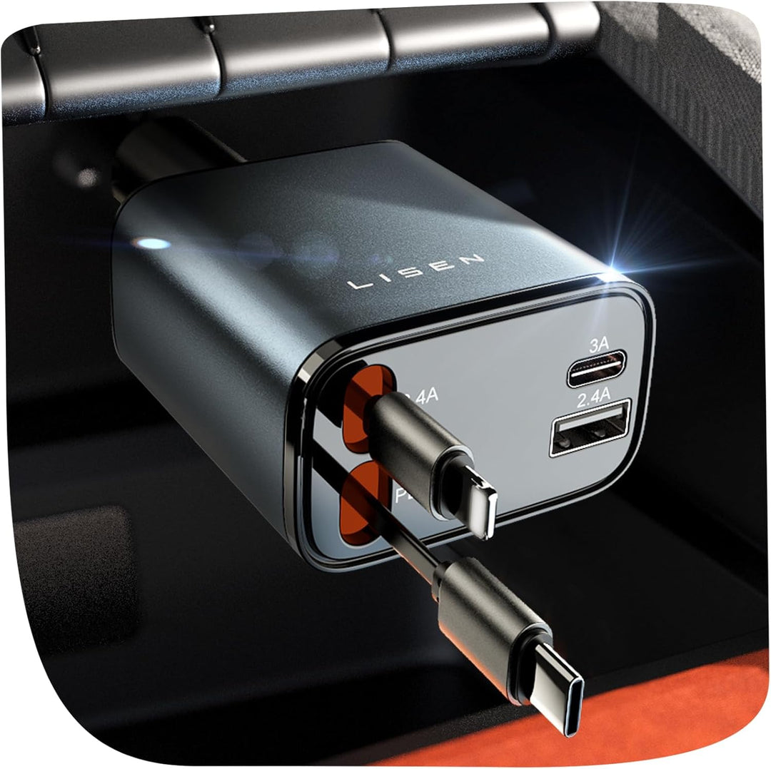 Premium billaddare för snabb laddning av USB-enheter, enkel att förvara med indragbar kabel.