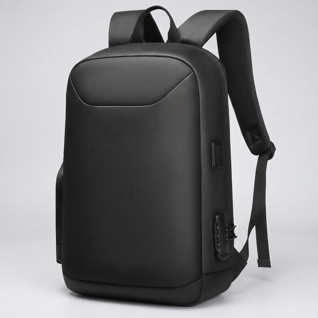 Organiserad reseryggsäck med stöldskydd och USB-port. Svart laptopväska idealisk för pendling och affärer.
