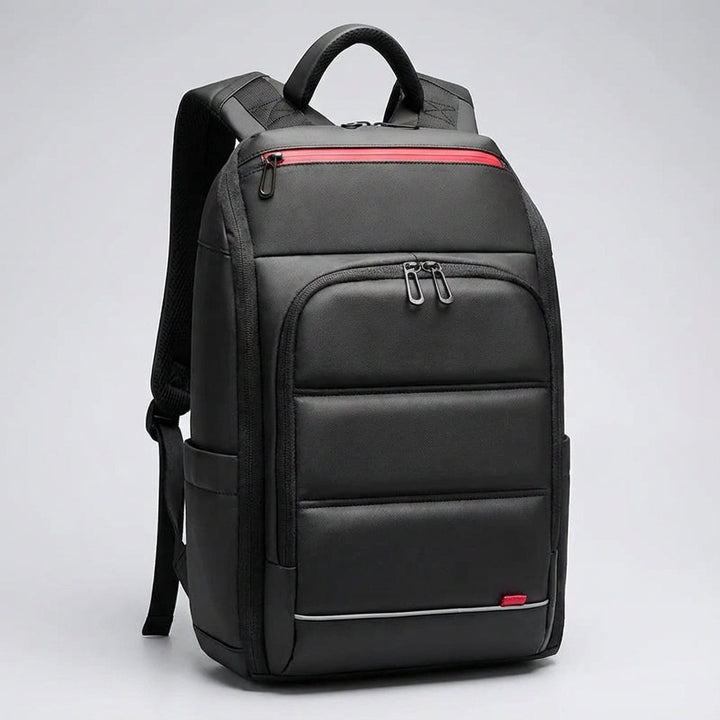 Elegant svart laptopryggsäck SecureVoy, vattenskyddad och stöldsäker design för säker pendling och smarta resor.