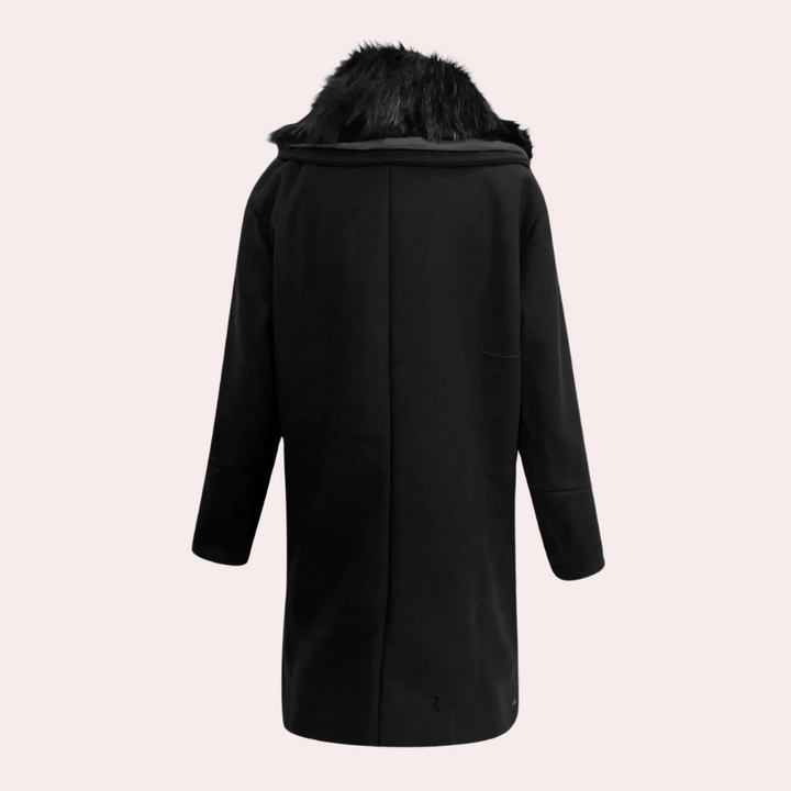 Dubbelknäppt svart herr peacoat, varm vinterjacka med bred krage. Stilrena ytterkläder för vintermode.