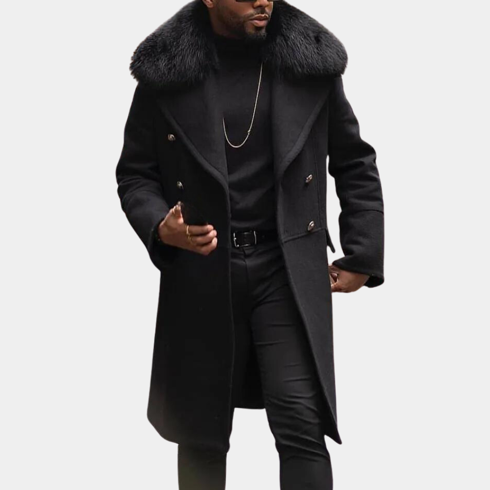 Svart herr peacoat, varm och stilren vinterjacka för män. Trendigt ytterplagg för höst- och vintermode.