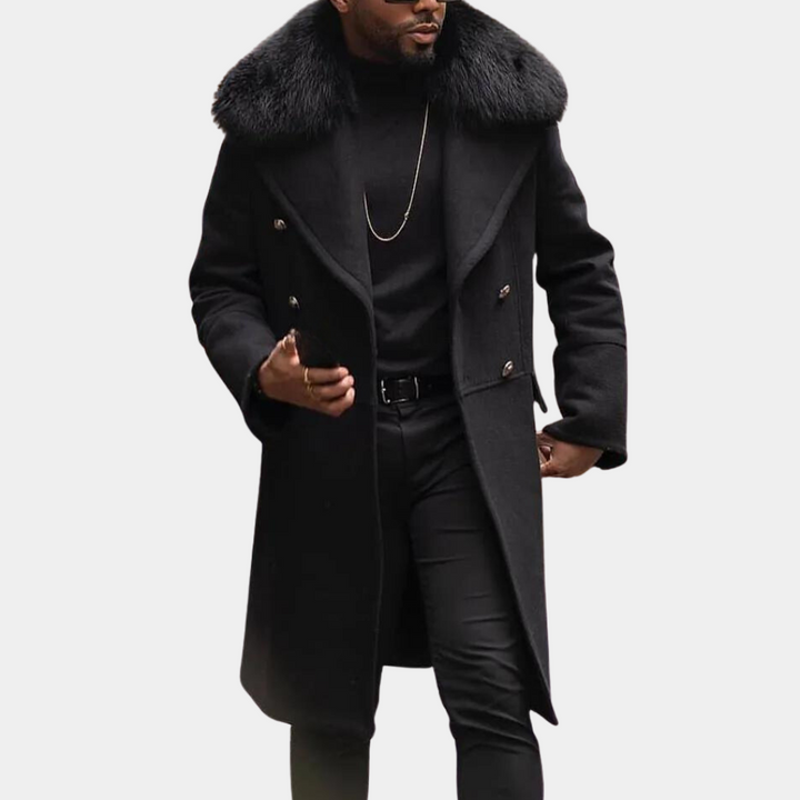 Svart herr peacoat, varm och stilren vinterjacka för män. Trendigt ytterplagg för höst- och vintermode.