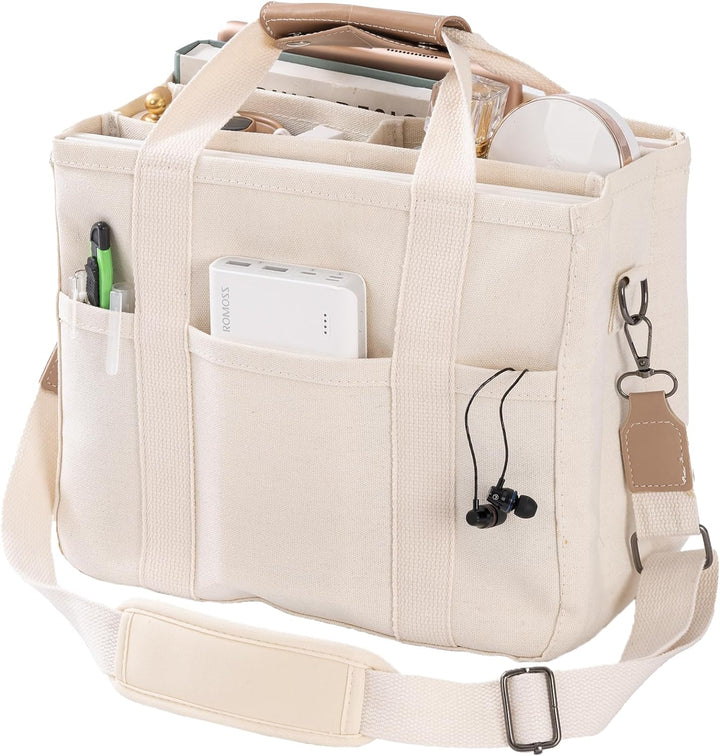 Detaljbild: Elegant beige unisex bärkasse. Rymlig insida för organiserad förvaring, perfekt som shoppingväska.