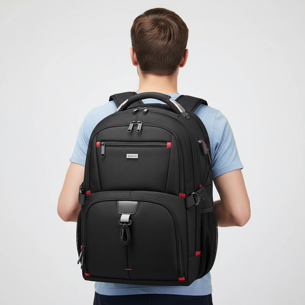 Organiserad ryggsäck med vadderat laptopfack, USB-laddningsport och flera fack för smart förvaring.