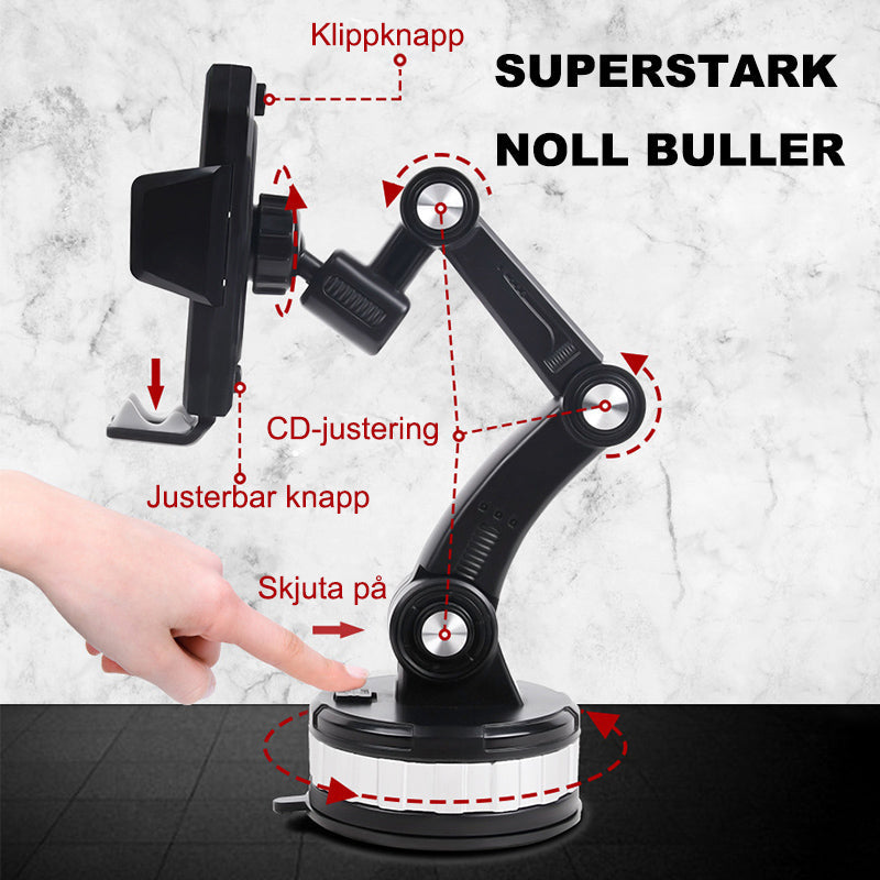 "Svart super absorption telefonhållare med 360° rotation och teleskoparm, monterad i bil för säker körning."