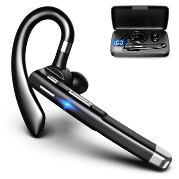 Svart trådlöst Bluetooth 5.1 headset med dubbla mikrofoner för kristallklara samtal.