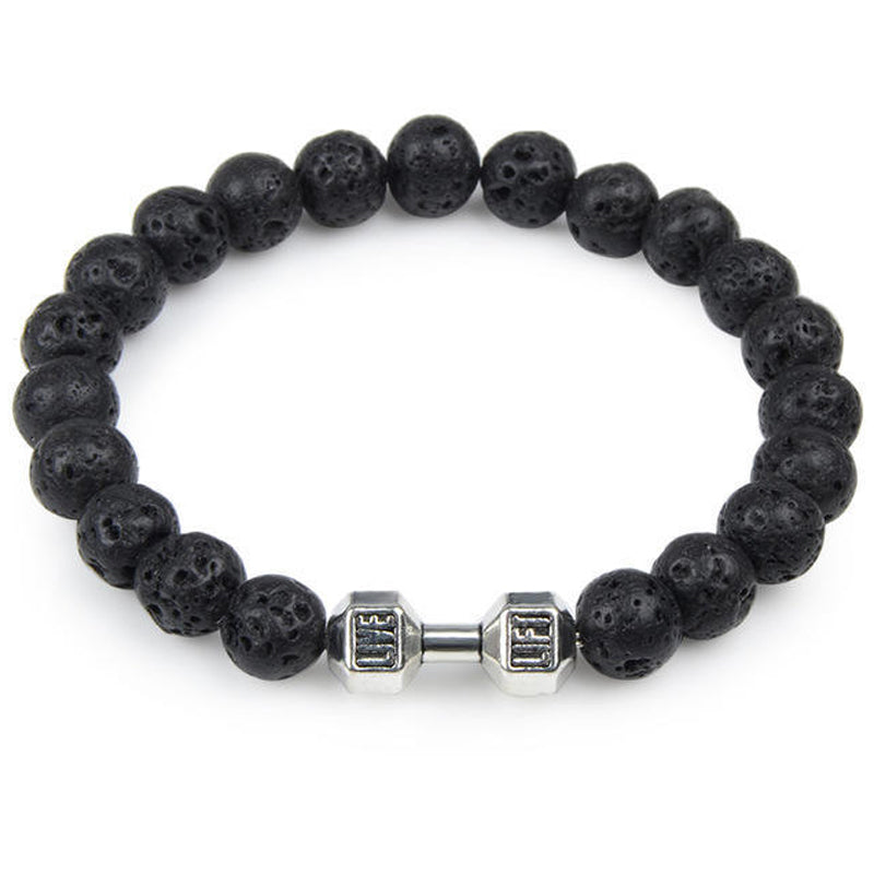 "Svart unisex hantelarmband i onyx och lavasten för chakra, elegant design, naturliga stenar, accessoar för energi och stil."