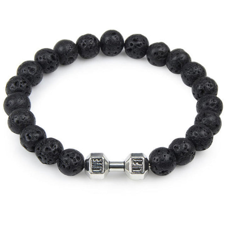 "Svart unisex hantelarmband i onyx och lavasten för chakra, elegant design, naturliga stenar, accessoar för energi och stil."