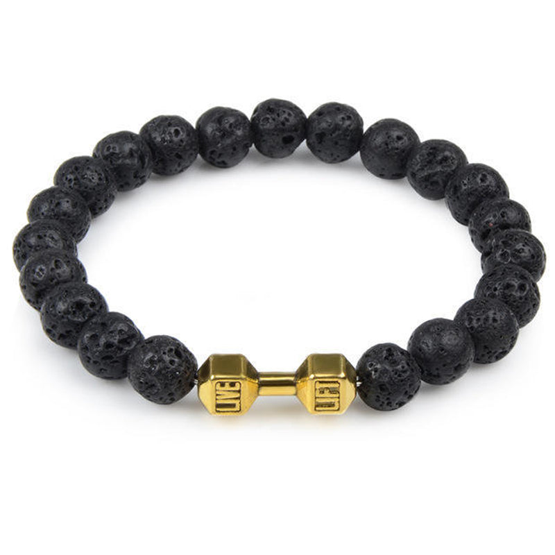 "Svart unisex hantelarmband i onyx och lavasten för chakra, elegant design, naturliga stenar, accessoar för energi och stil."