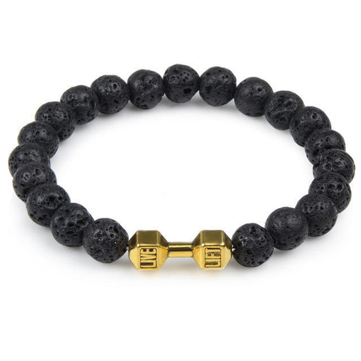 "Svart unisex hantelarmband i onyx och lavasten för chakra, elegant design, naturliga stenar, accessoar för energi och stil."