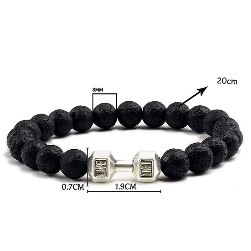 "Svart unisex hantelarmband i onyx och lavasten för chakra, elegant design, naturliga stenar, accessoar för energi och stil."
