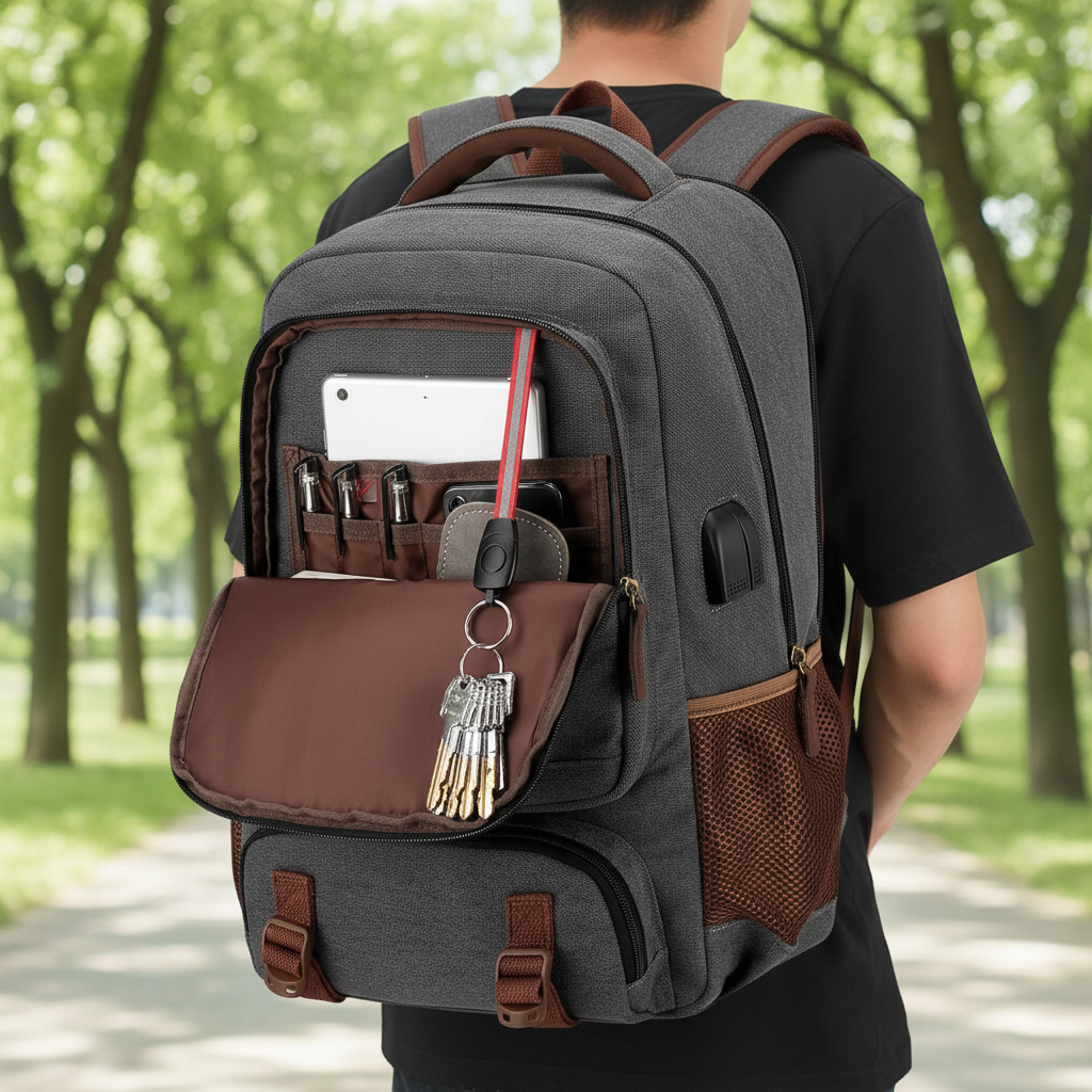 Svart unisex laptopryggsäck med USB-port och stöldskydd, perfekt för resor och pendling.