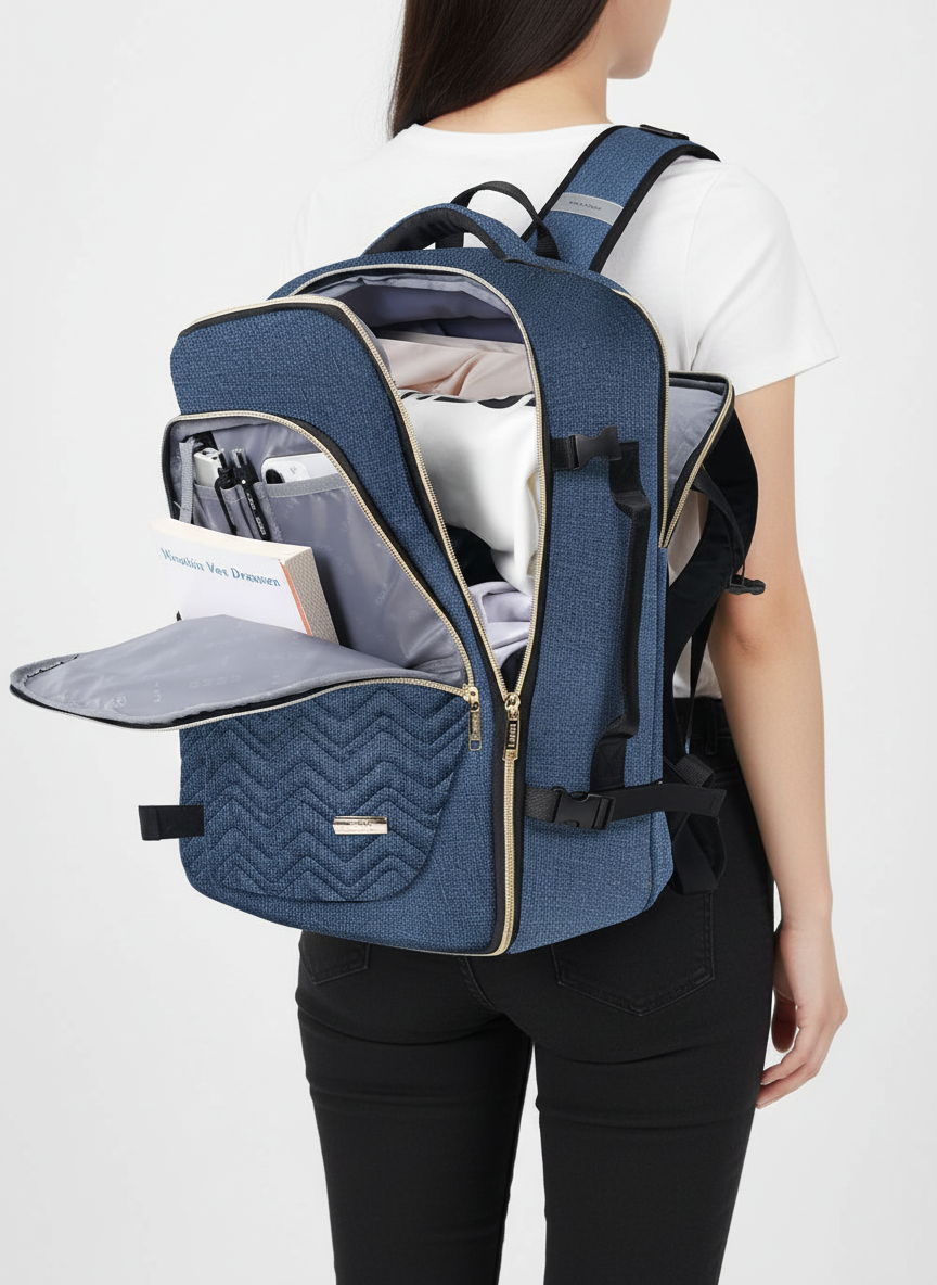 Blå ryggsäck 40L med laptopficka. Vattenavvisande och bekväm för organiserad packning på weekendresan.