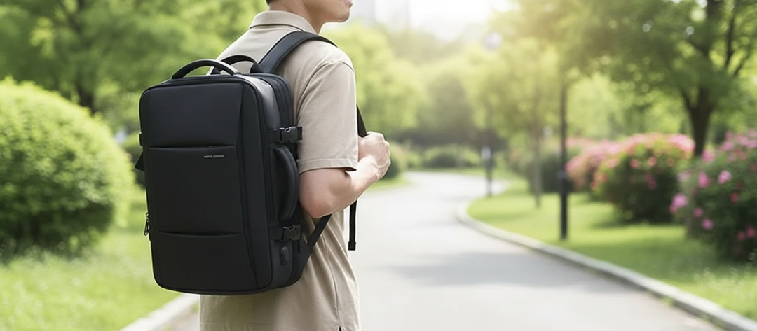 Svart unisex ryggsäck med USB-laddningsport & dedikerat laptopfack. Perfekt för skola, kontor & resor.