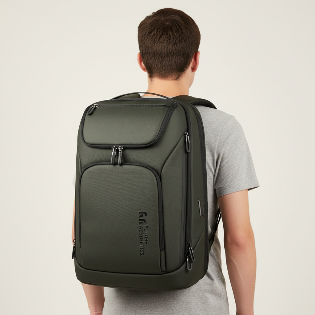 Unisex ryggsäck bärs av person, visar modern design & komfort. Perfekt för skola, jobb & resor.