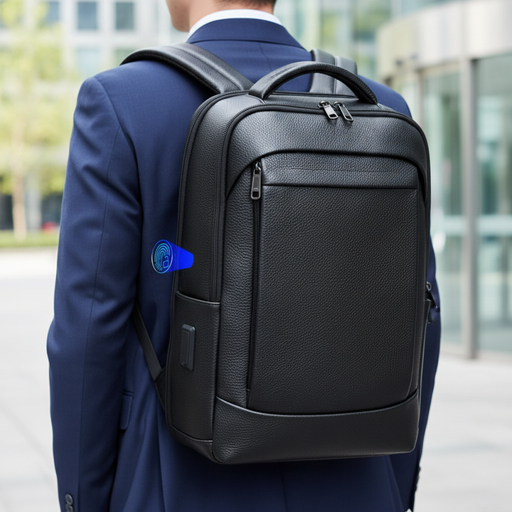 Svart unisex säkerhetsryggsäck med biometriskt fingeravtryckslås för laptop, idealisk för jobb & resor.