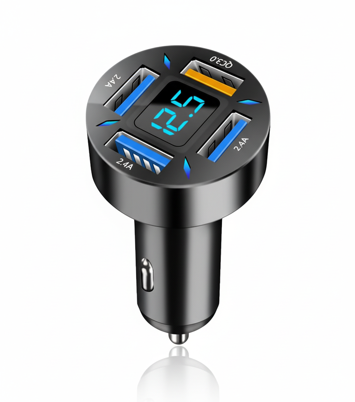 Kompakt 66W USB billaddare med dubbla portar (USB-C & USB-A) för snabb och effektiv laddning på resan.