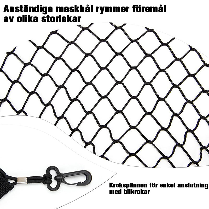 "Svart universell nylon nätväska för bilbagageutrymme, organiserar och håller föremål säkra. Slitstark design."