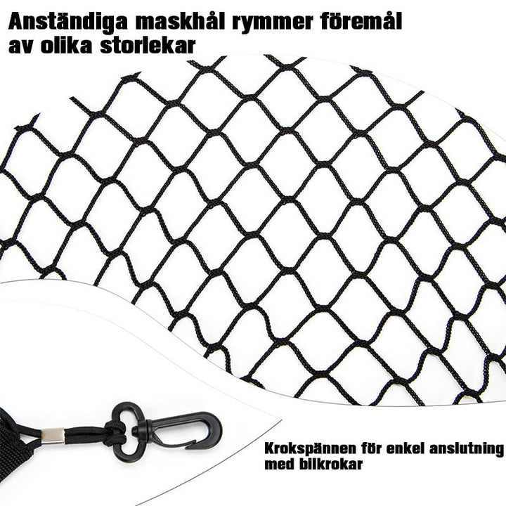"Svart universell nylon nätväska för bilbagageutrymme, organiserar och håller föremål säkra. Slitstark design."