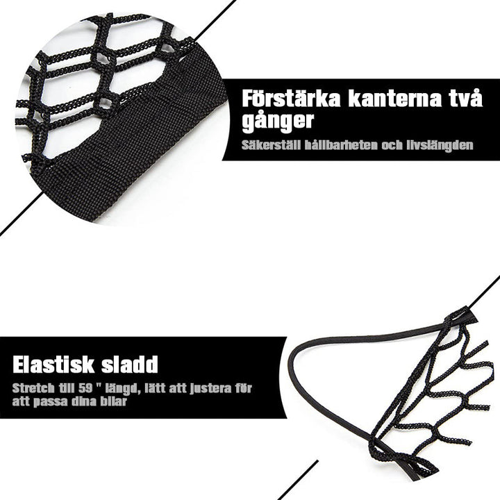 "Svart universell nylon nätväska för bilbagageutrymme, organiserar och håller föremål säkra. Slitstark design."