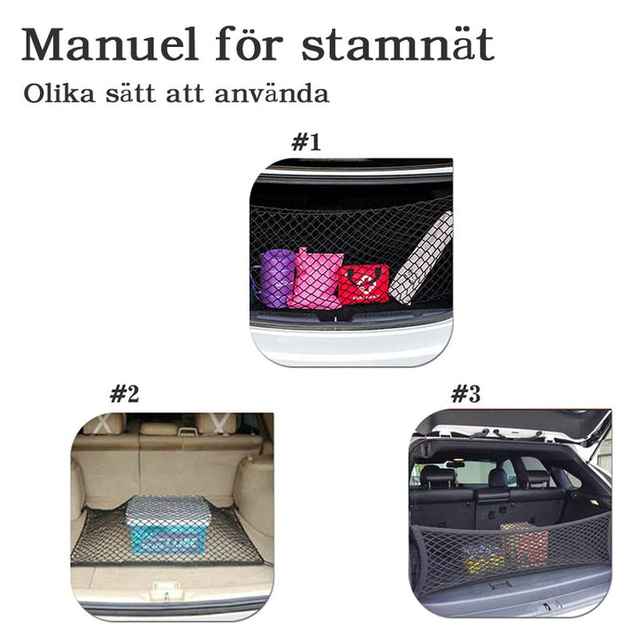 "Svart universell nylon nätväska för bilbagageutrymme, organiserar och håller föremål säkra. Slitstark design."